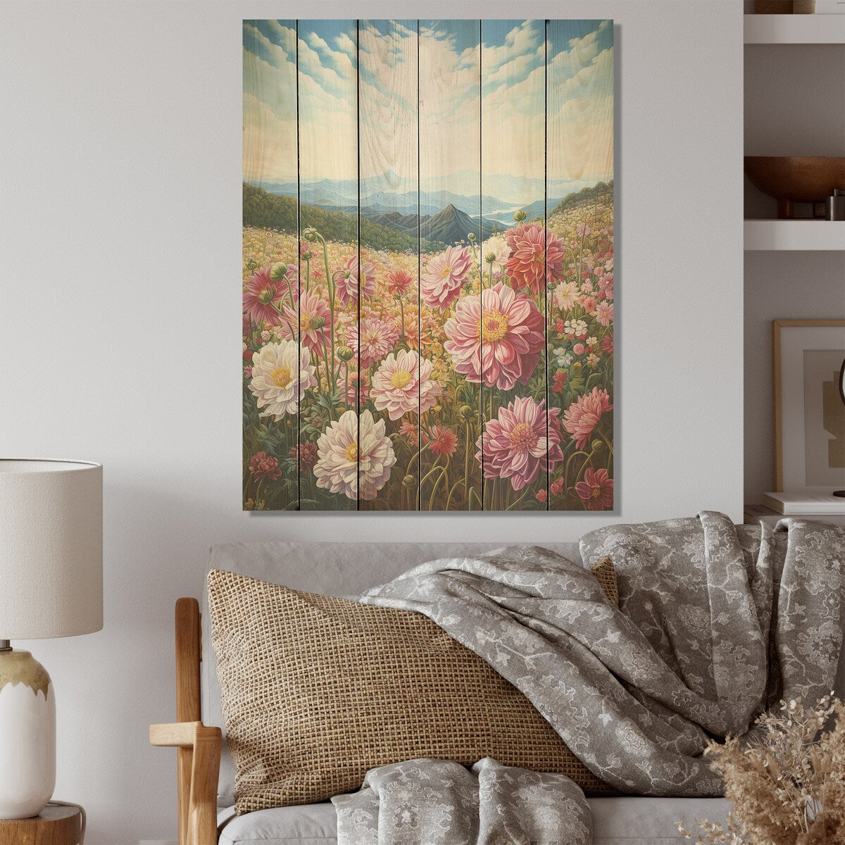 Designart "Pink Dahlia On Hill I" Flowers Wood Wall Decor - Traditional Pink Wood Panel On Natural Pine Wood