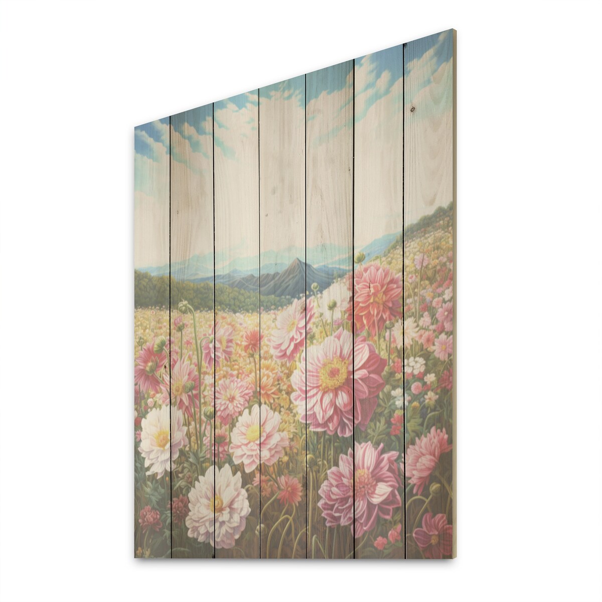 Designart "Pink Dahlia On Hill I" Flowers Wood Wall Decor - Traditional Pink Wood Panel On Natural Pine Wood
