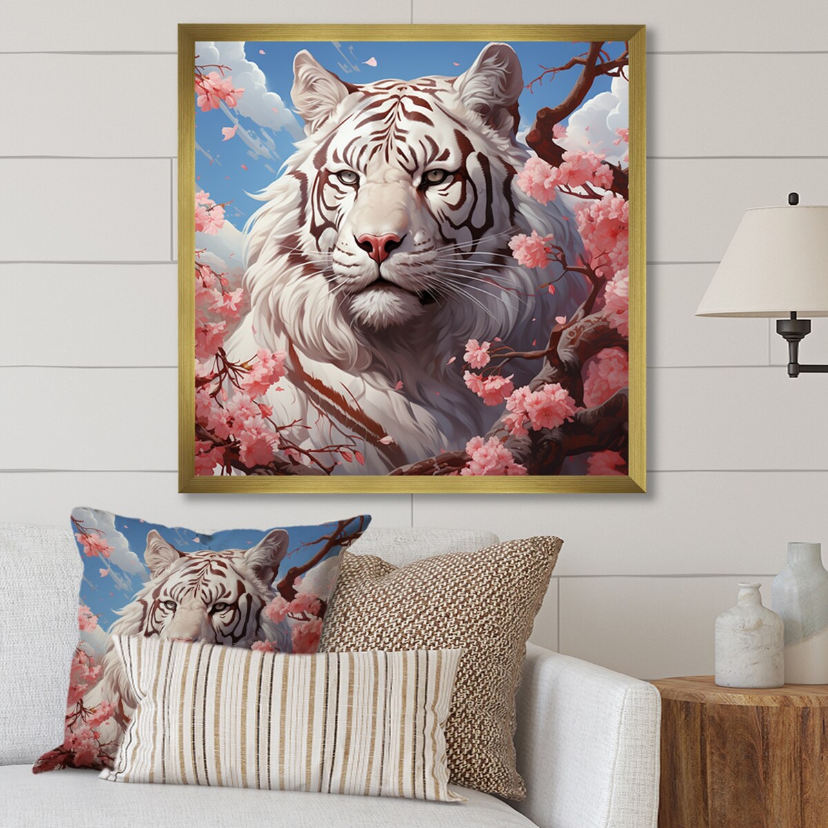 Designart "Pink Florals White Tiger Beauty I" Tiger Wall Decor White Modern Entryway Framed Wall Art Print