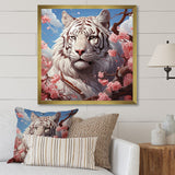 Designart "Pink Florals White Tiger Beauty I" Tiger Wall Decor White Modern Entryway Framed Wall Art Print