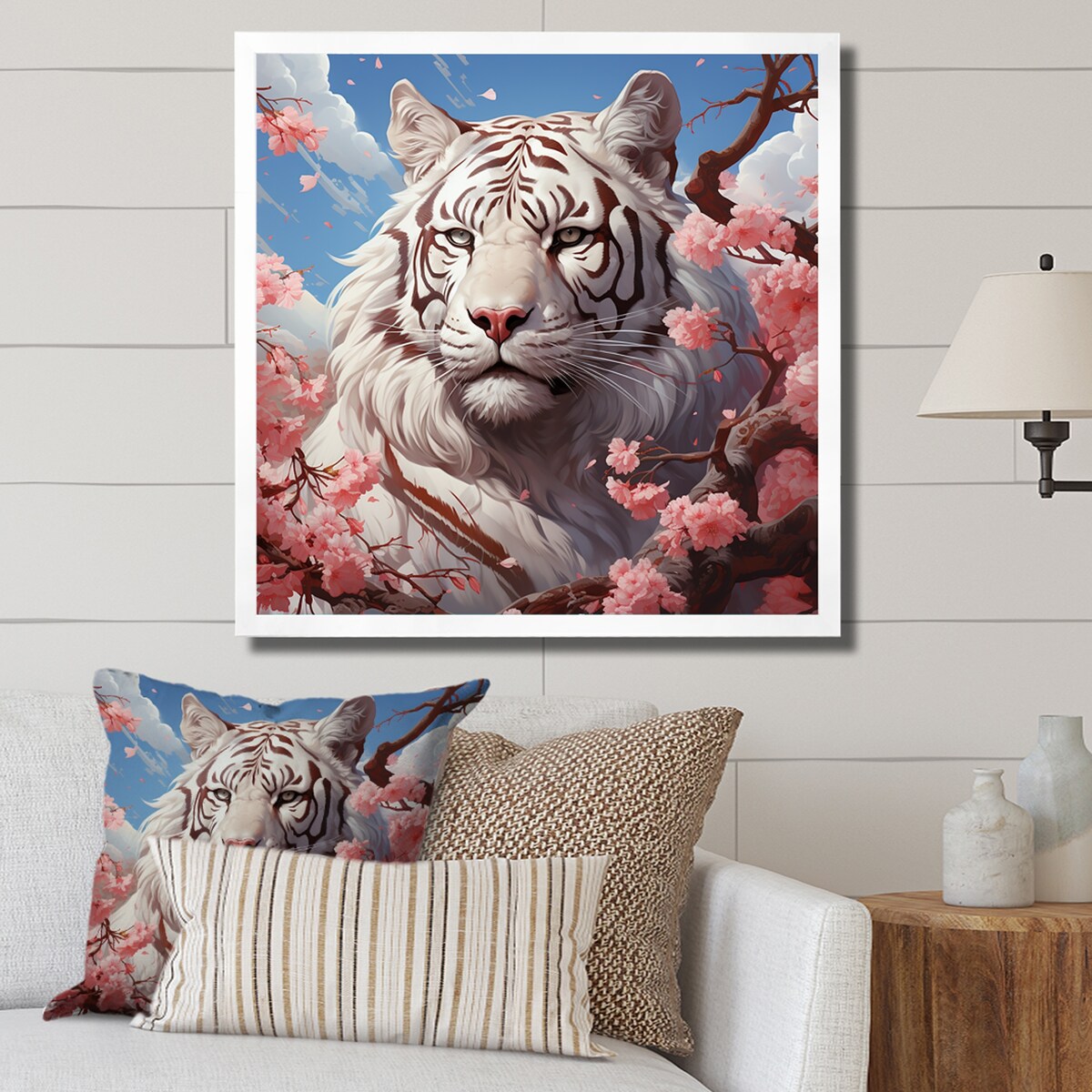 Designart "Pink Florals White Tiger Beauty I" Tiger Wall Decor White Modern Entryway Framed Wall Art Print