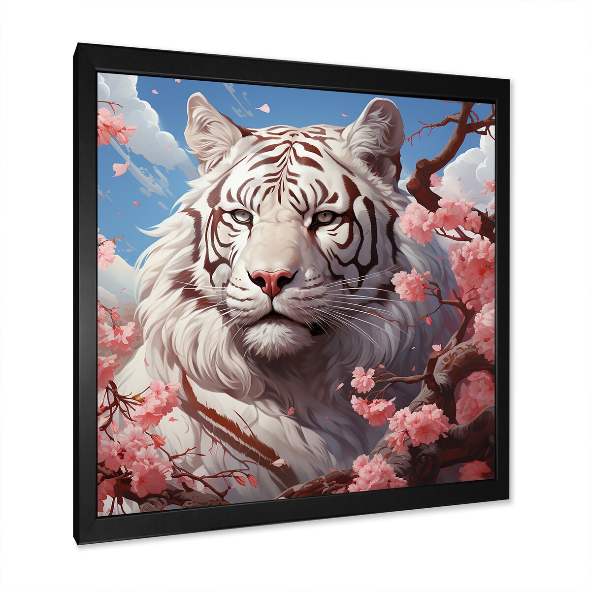 Designart "Pink Florals White Tiger Beauty I" Tiger Wall Decor White Modern Entryway Framed Wall Art Print