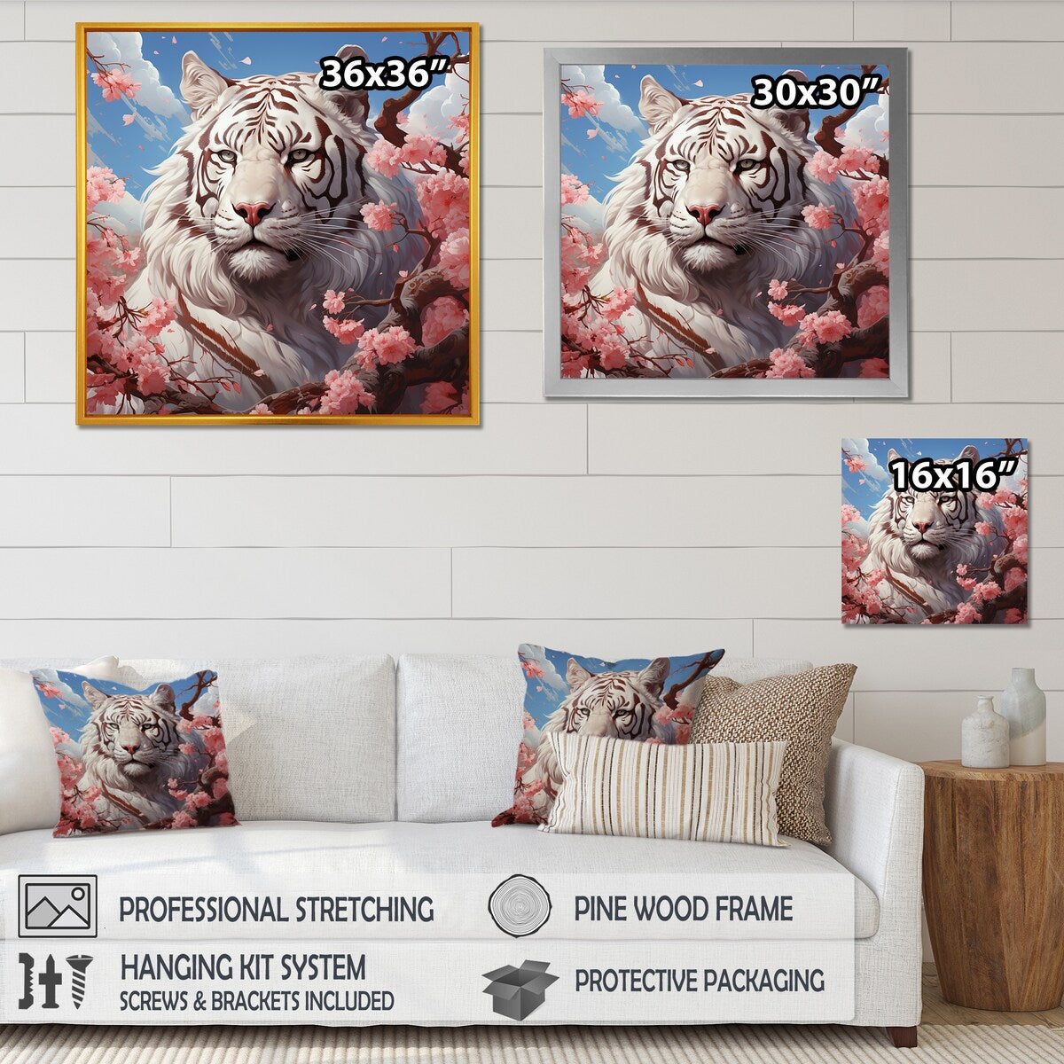 Designart "Pink Florals White Tiger Beauty I" Tiger Wall Decor White Modern Entryway Framed Wall Art Print
