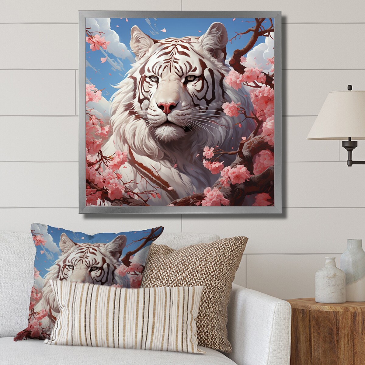 Designart "Pink Florals White Tiger Beauty I" Tiger Wall Decor White Modern Entryway Framed Wall Art Print