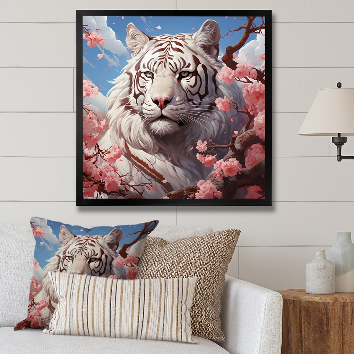 Designart "Pink Florals White Tiger Beauty I" Tiger Wall Decor White Modern Entryway Framed Wall Art Print