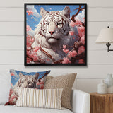 Designart "Pink Florals White Tiger Beauty I" Tiger Wall Decor White Modern Entryway Framed Wall Art Print