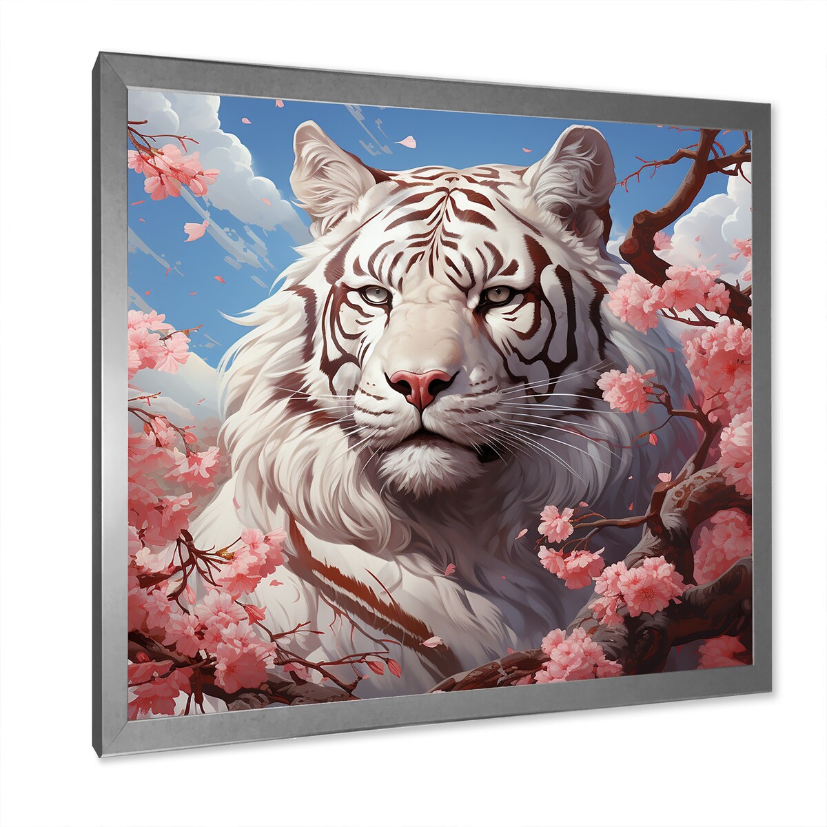 Designart "Pink Florals White Tiger Beauty I" Tiger Wall Decor White Modern Entryway Framed Wall Art Print