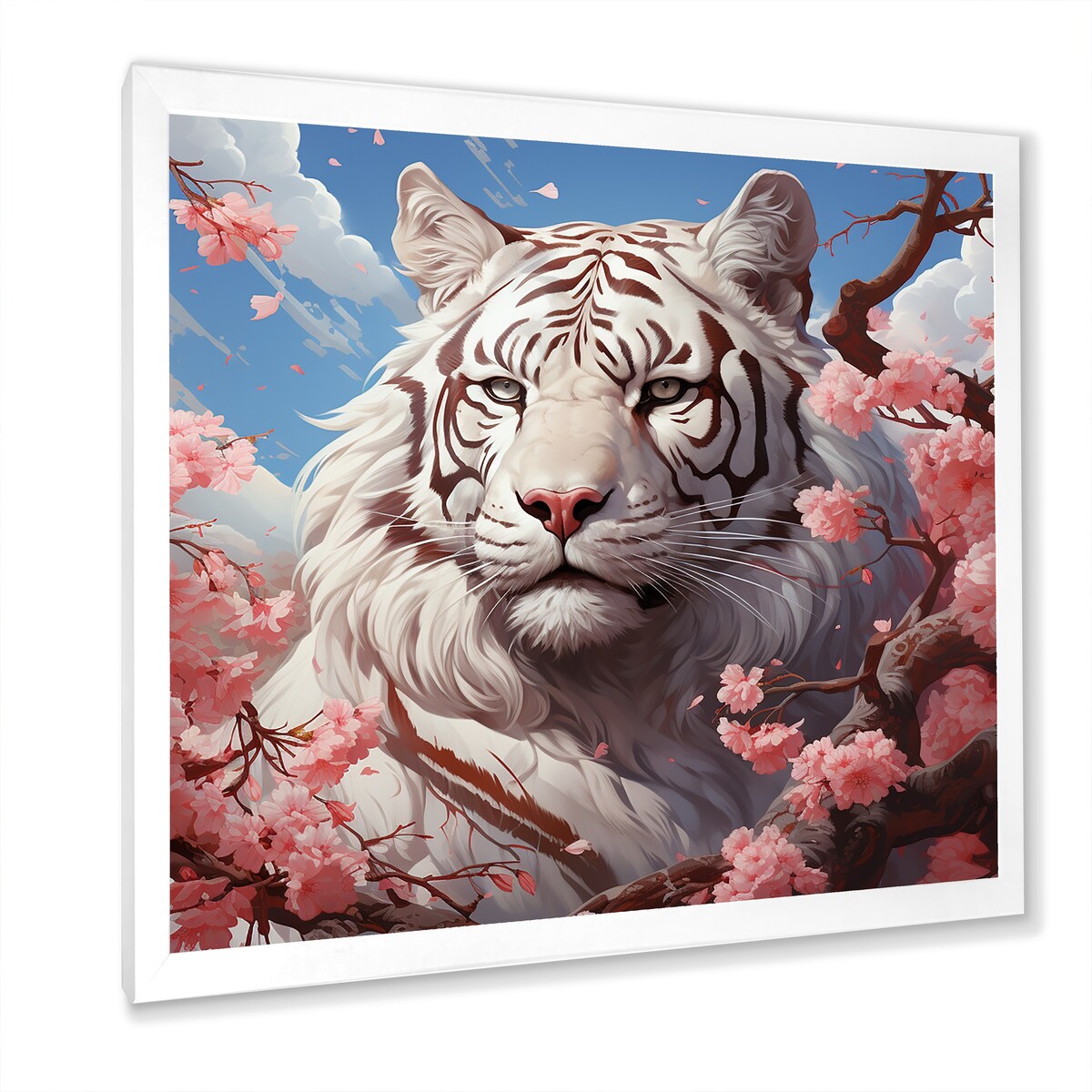 Designart "Pink Florals White Tiger Beauty I" Tiger Wall Decor White Modern Entryway Framed Wall Art Print