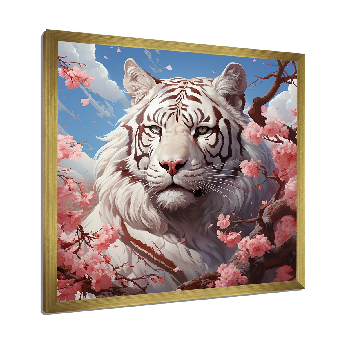 Designart "Pink Florals White Tiger Beauty I" Tiger Wall Decor White Modern Entryway Framed Wall Art Print