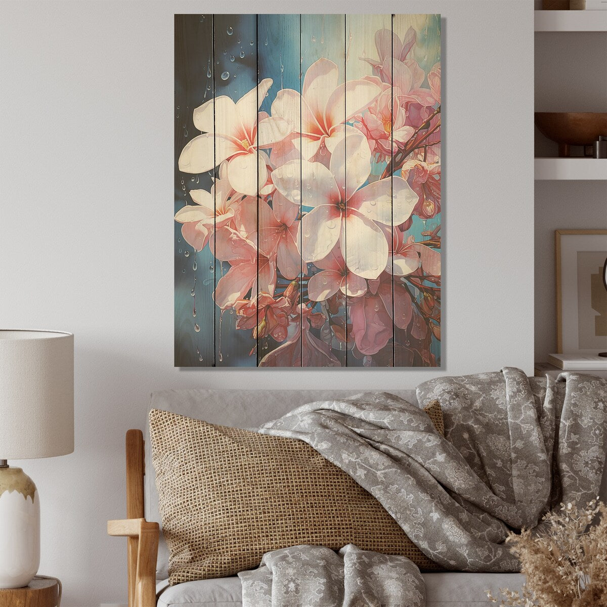 Designart "Pink Fragrant Plumeria Serenade" Plumeria Wood Wall Decor Traditional Pink Wood Panel On Natural Pine Wood