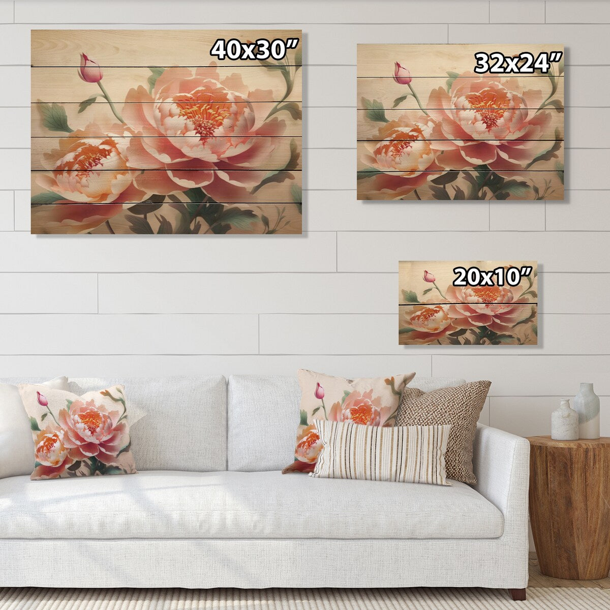 Designart "Pink Green Peonies Celebration II" Floral Peony Print on Natural Pine Wood