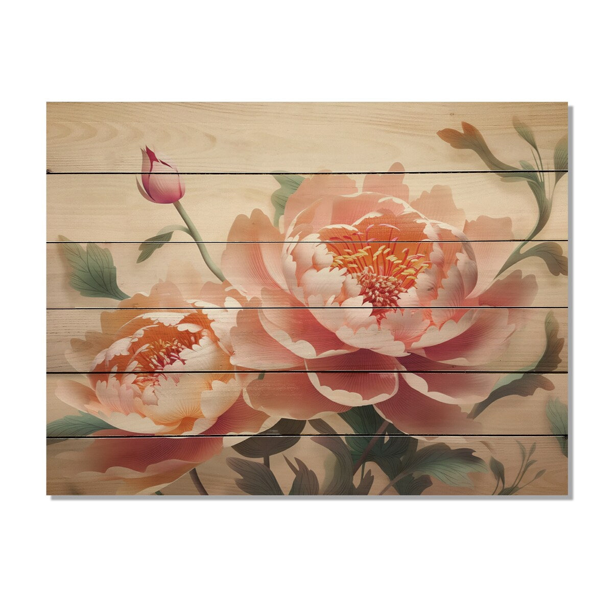 Designart "Pink Green Peonies Celebration II" Floral Peony Print on Natural Pine Wood