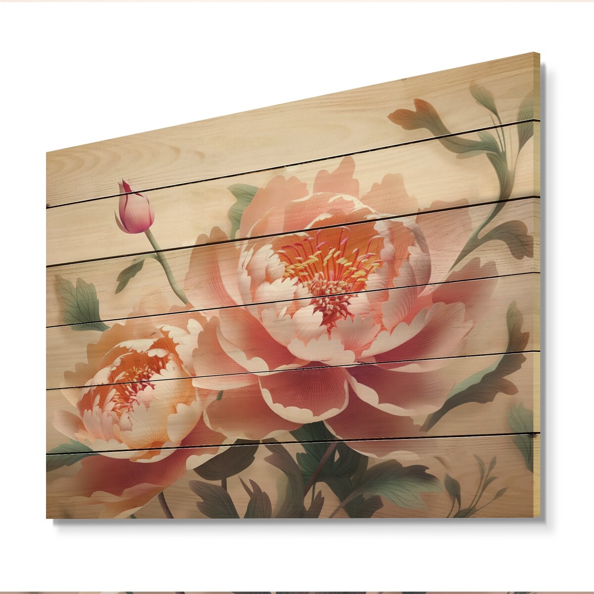 Designart "Pink Green Peonies Celebration II" Floral Peony Print on Natural Pine Wood