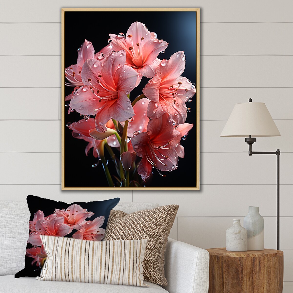 Designart "Pink Lily Flower Elegance IV" Lily Pink Wall Decor - Modern Living Room Framed Canvas Art