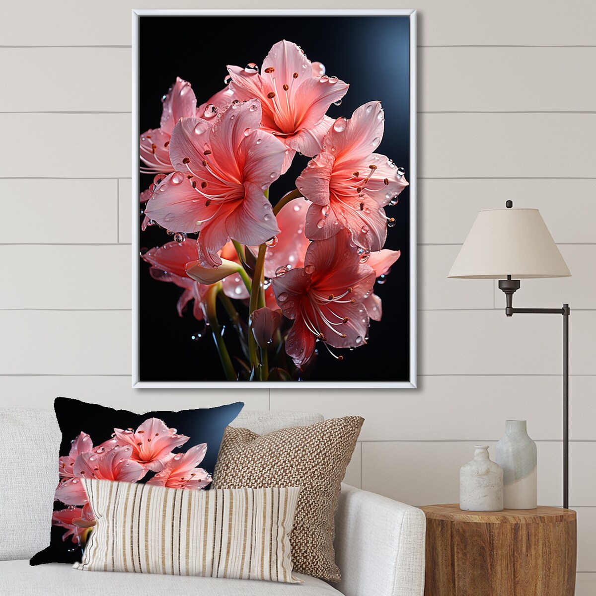 Designart "Pink Lily Flower Elegance IV" Lily Pink Wall Decor - Modern Living Room Framed Canvas Art