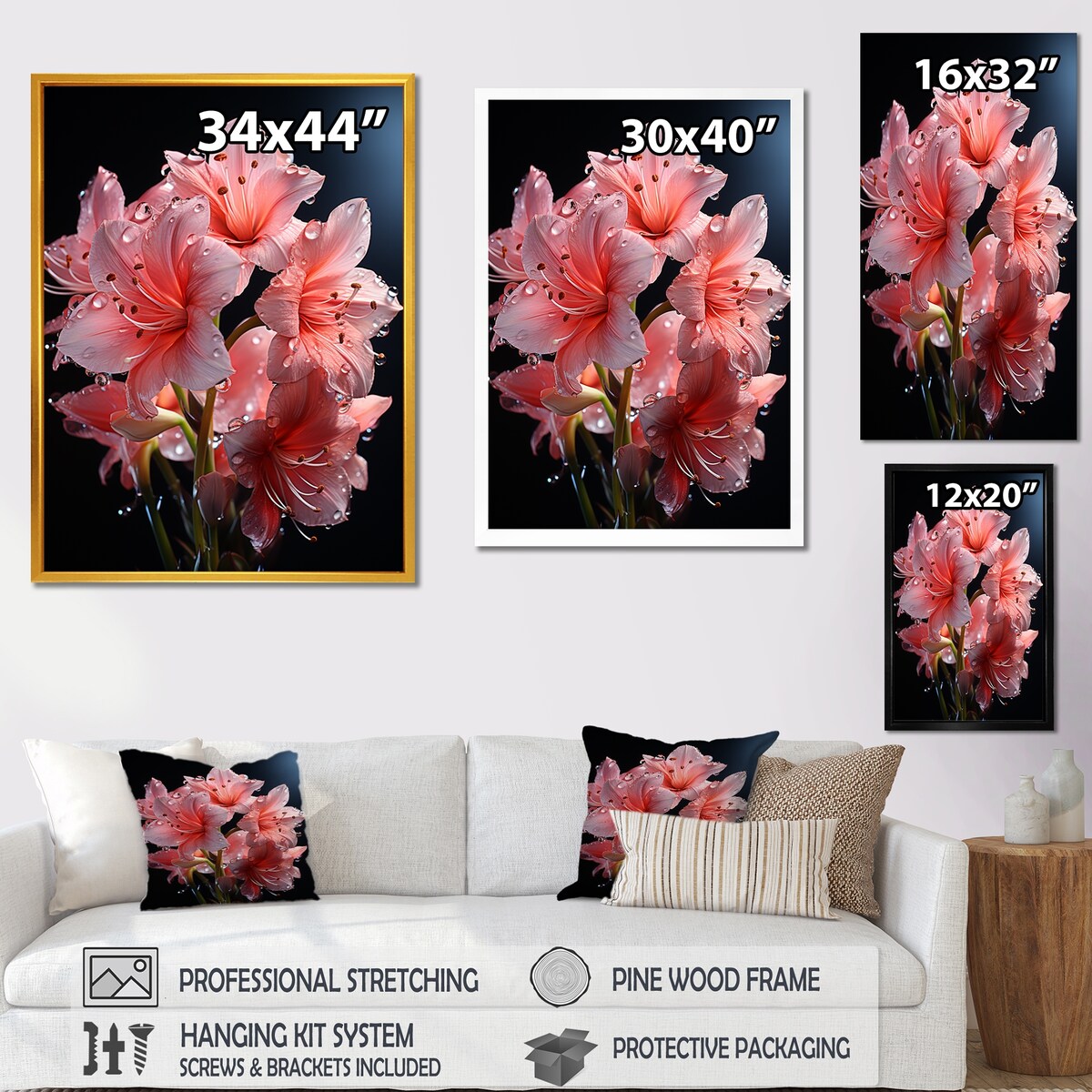 Designart "Pink Lily Flower Elegance IV" Lily Pink Wall Decor - Modern Living Room Framed Canvas Art