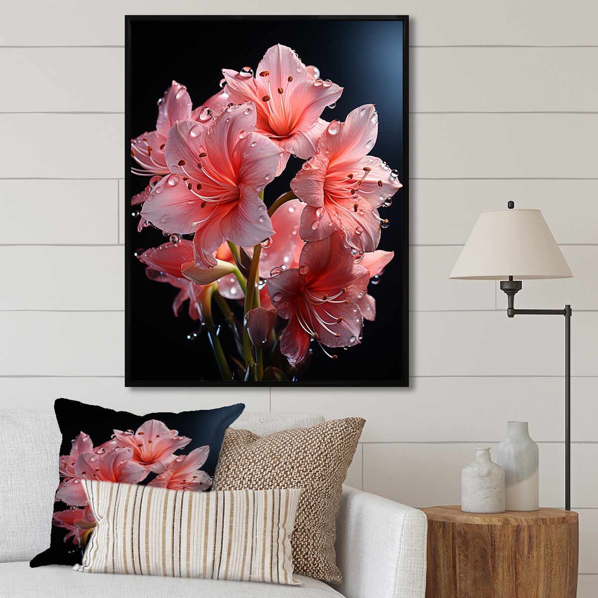Designart "Pink Lily Flower Elegance IV" Lily Pink Wall Decor - Modern Living Room Framed Canvas Art