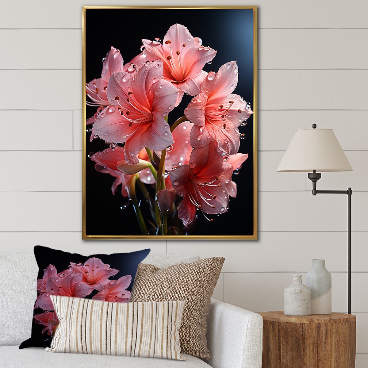 Designart "Pink Lily Flower Elegance IV" Lily Pink Wall Decor - Modern Living Room Framed Canvas Art