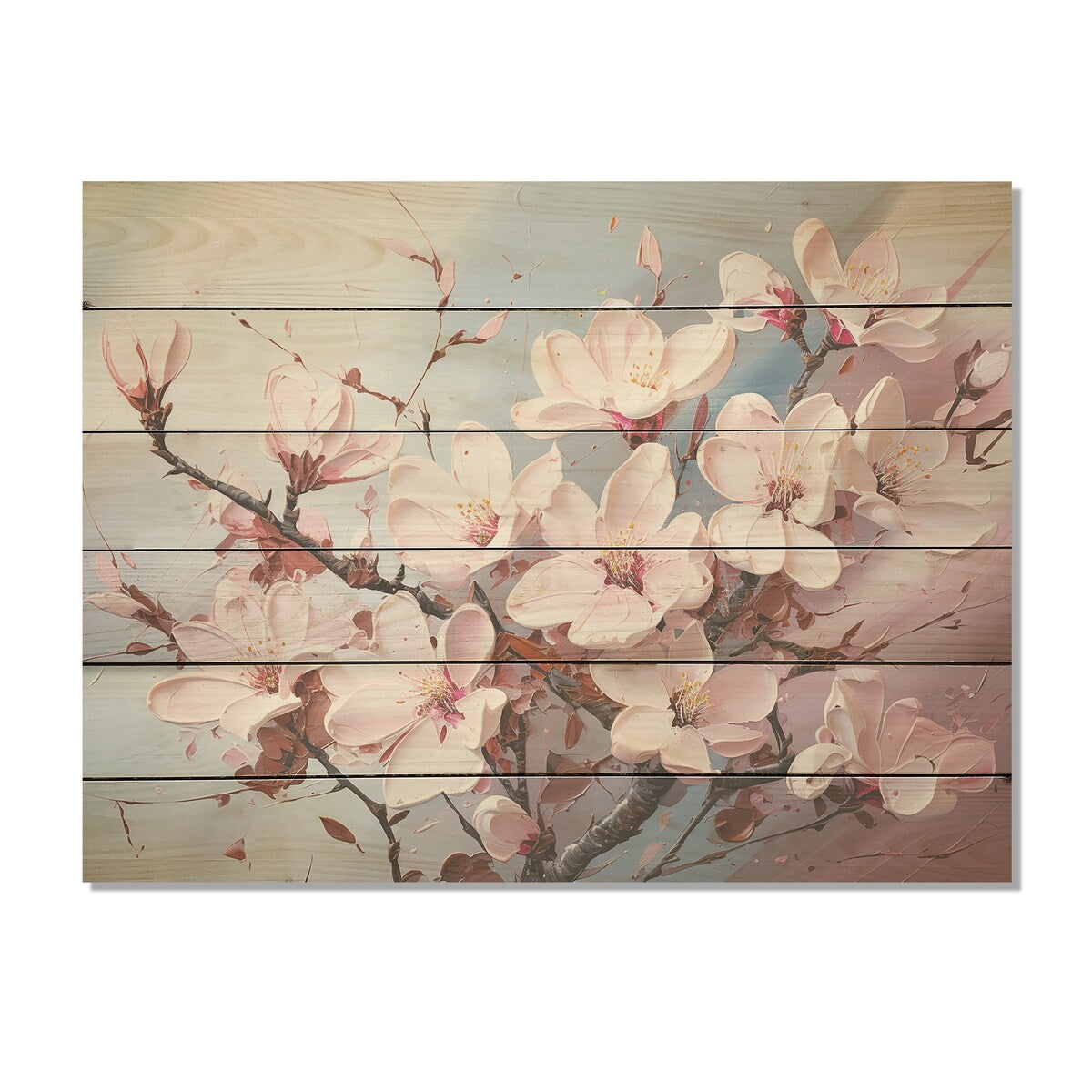 Designart "Pink Magnolias Liquid Art" Flower Field Wood Wall Decor - Traditional Pink Wood Panel On Natural Pine Wood