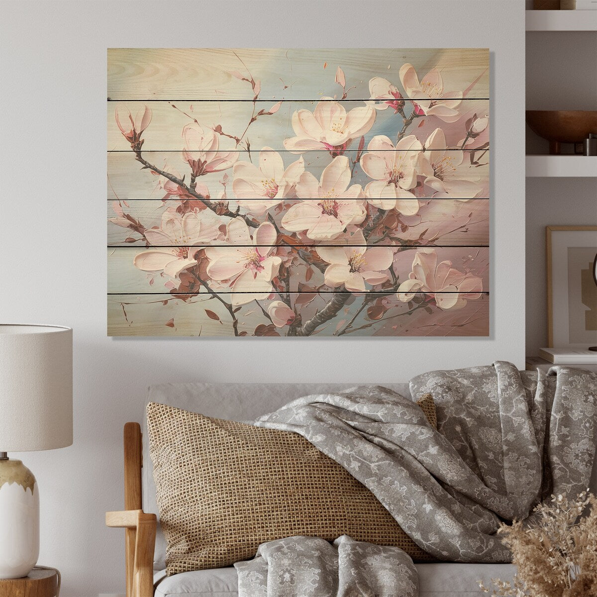 Designart "Pink Magnolias Liquid Art" Flower Field Wood Wall Decor - Traditional Pink Wood Panel On Natural Pine Wood