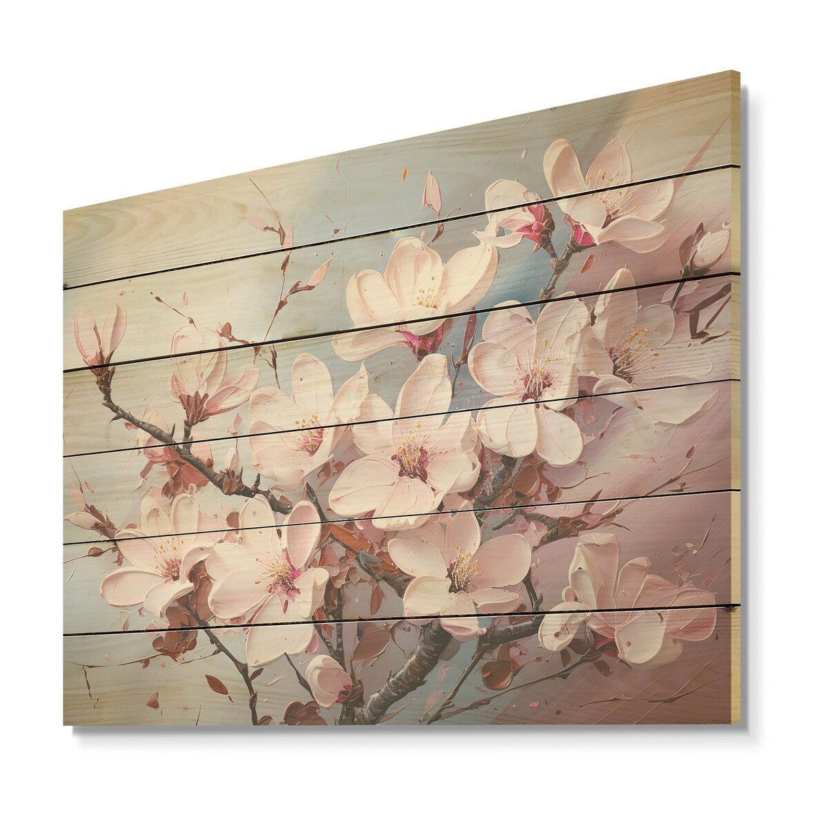 Designart "Pink Magnolias Liquid Art" Flower Field Wood Wall Decor - Traditional Pink Wood Panel On Natural Pine Wood