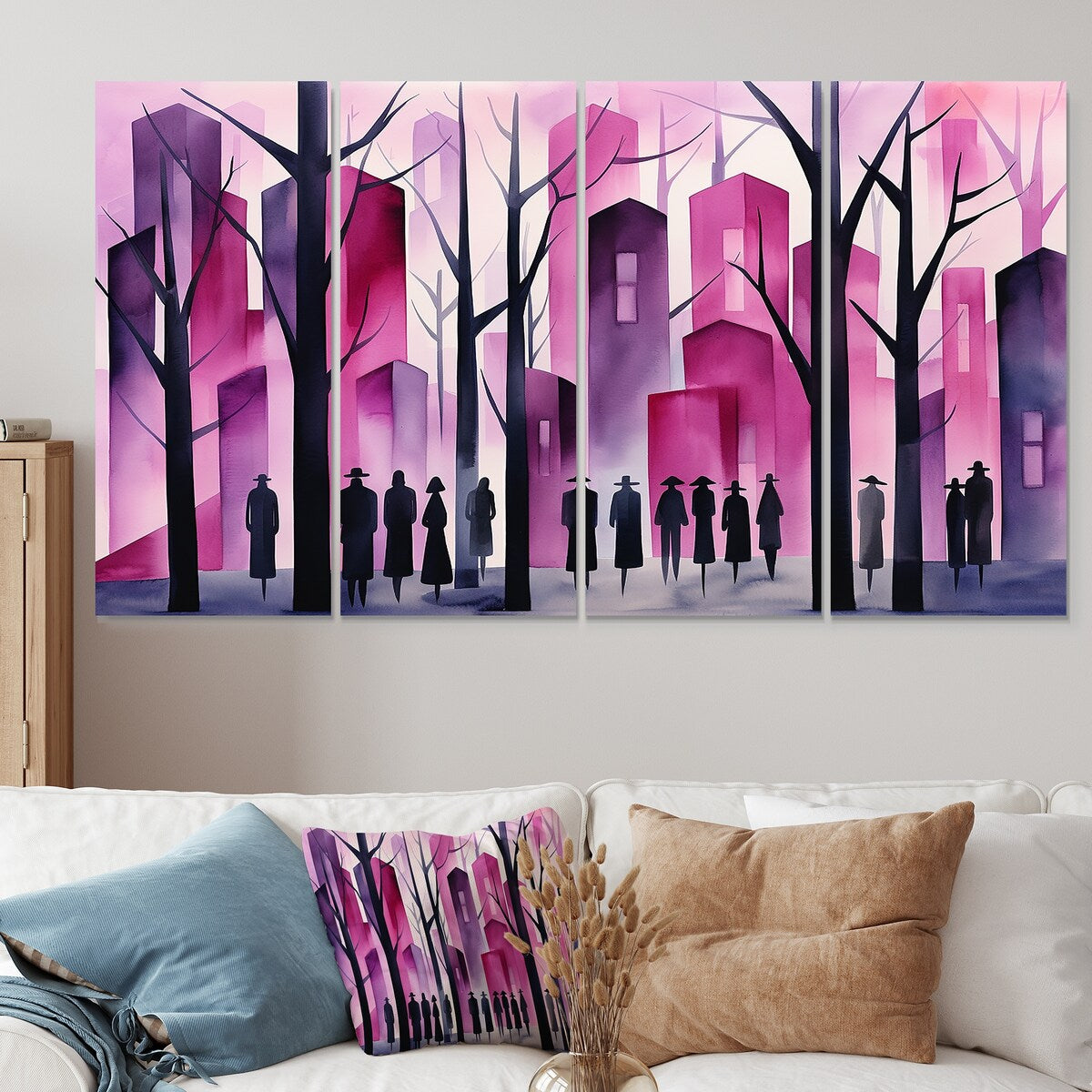 Designart "Pink Melodic Spirit City" African American Art Extra Large Canvas Set Of 4 - Oversized Global Wall Art Decor