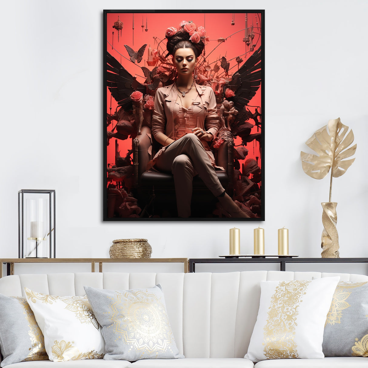 Designart "Pink Mexican Muse Angel Woman III" Woman Mexican Pink Wall Decor - Glam Hallway Framed Wall Art Decor