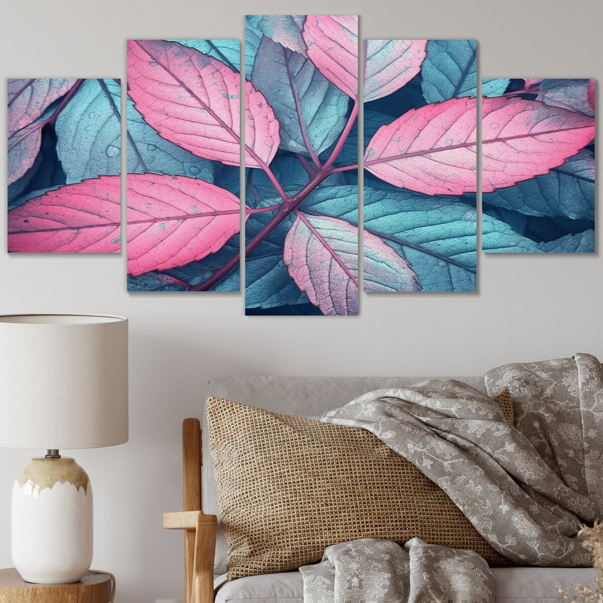 Designart "Pink Teal Leaf Of Splendor" Floral Wall Art Prints Set