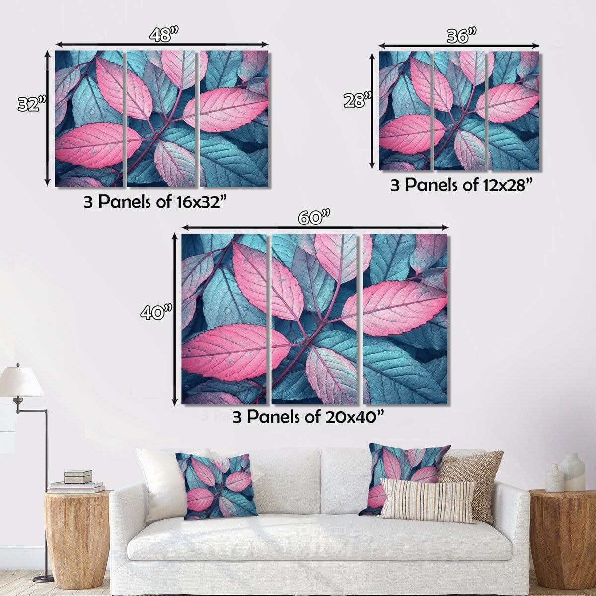 Designart "Pink Teal Leaf Of Splendor" Floral Wall Art Prints Set