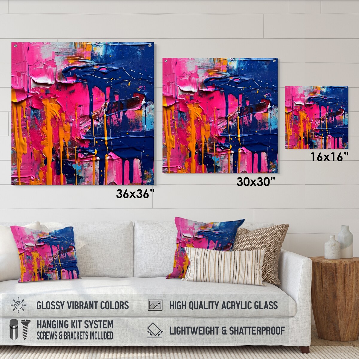 Designart "Pink and Blue Explosions Of Color" Abstract Gloss Wall Decor Pink - Modern Acrylic Wall Art For Dinning Room