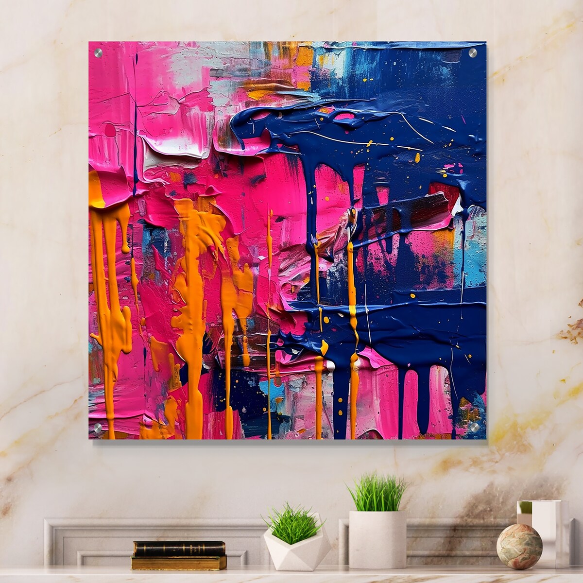 Designart "Pink and Blue Explosions Of Color" Abstract Gloss Wall Decor Pink - Modern Acrylic Wall Art For Dinning Room