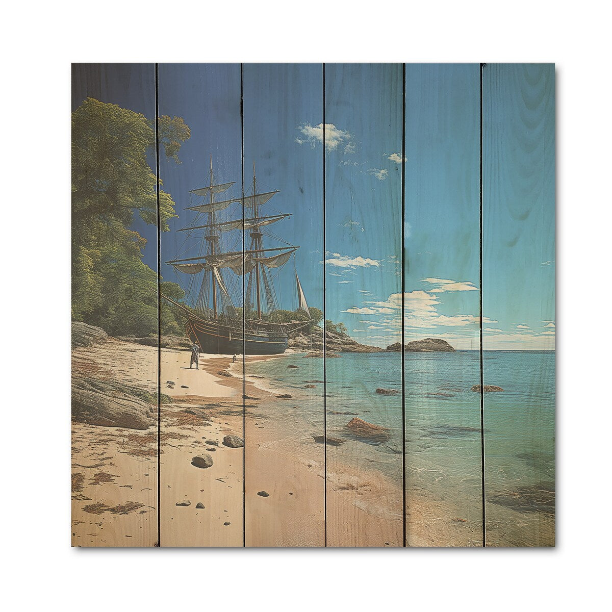 Designart "Pirate Ship Tropical Shores Of Redemption" Pirate Wood Wall Decor - Modern Wood Panel On Natural Pine Wood