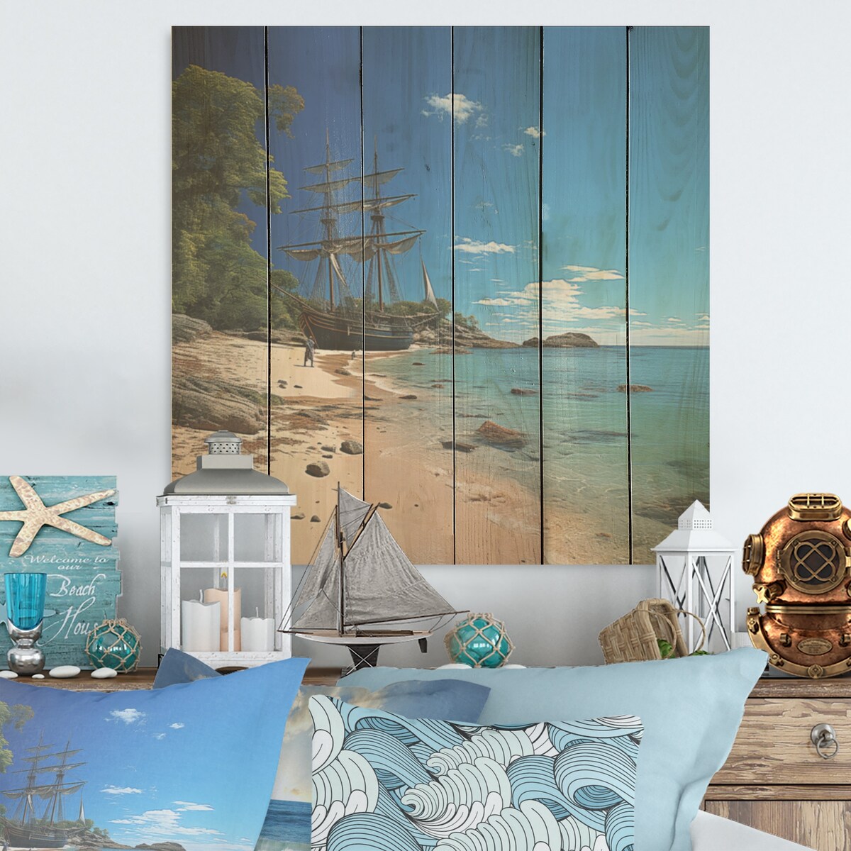 Designart "Pirate Ship Tropical Shores Of Redemption" Pirate Wood Wall Decor - Modern Wood Panel On Natural Pine Wood