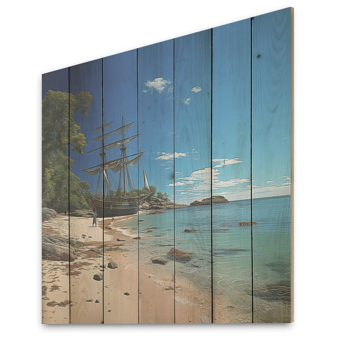 Designart "Pirate Ship Tropical Shores Of Redemption" Pirate Wood Wall Decor - Modern Wood Panel On Natural Pine Wood