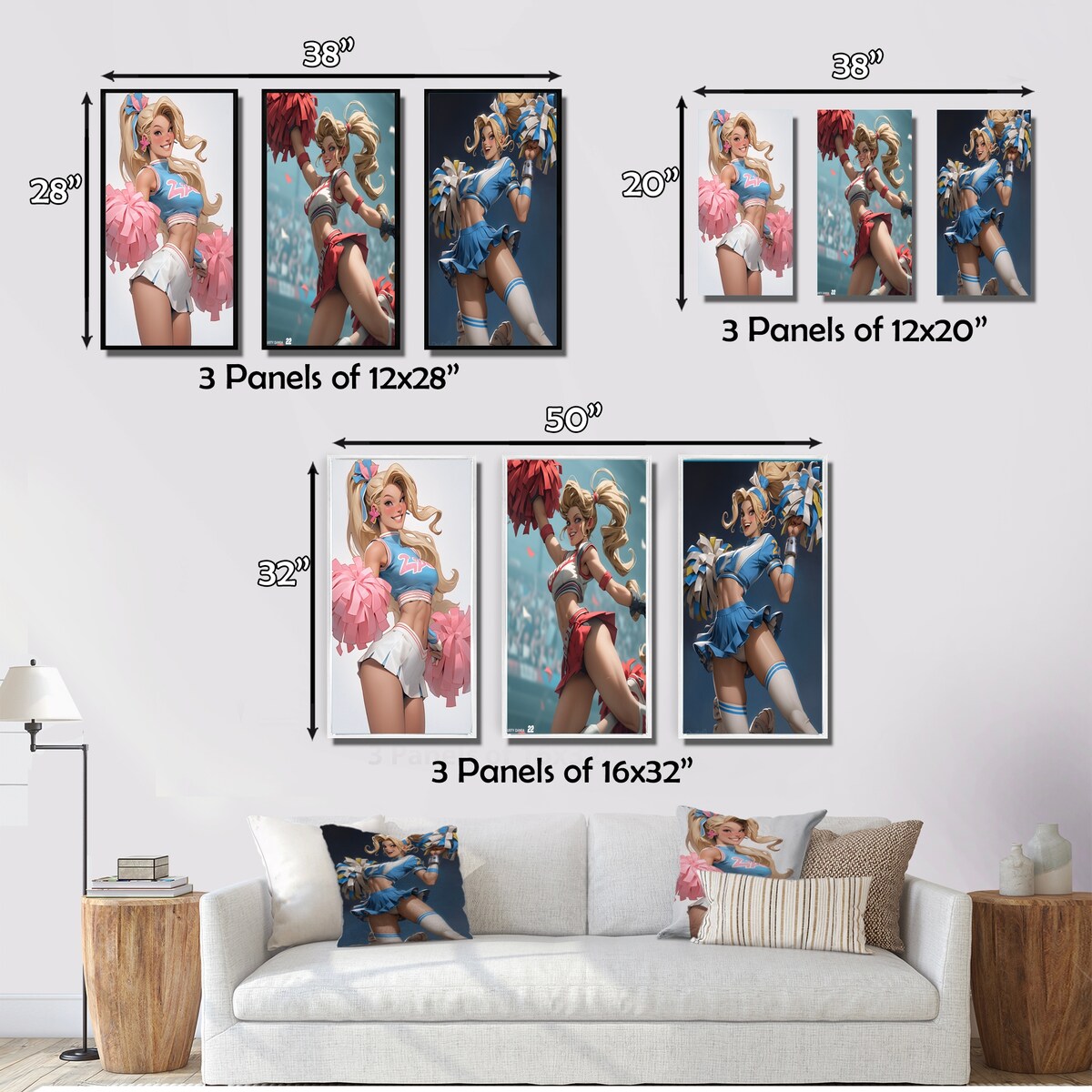 Designart "Playful Dancing Cheerleader III" Woman Flapper Wall Art Set Of 3 - Glam Gallery Set For Office Decor