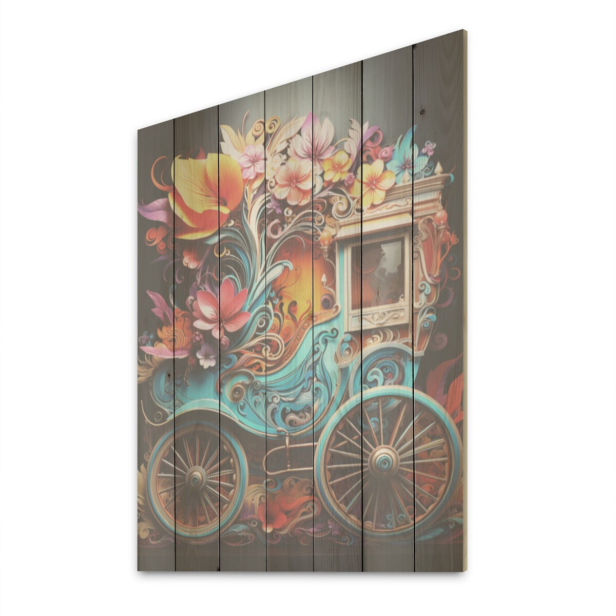 Designart "Pop Art Cart Retro" Old American Cart Wood Wall Decor - Modern Blue Wood Panel On Natural Pine Wood