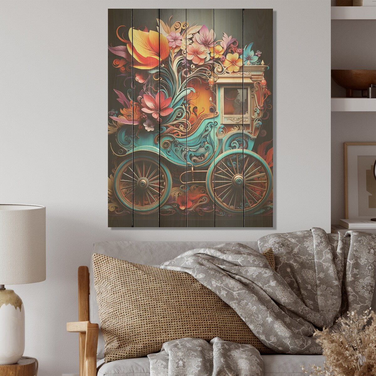 Designart "Pop Art Cart Retro" Old American Cart Wood Wall Decor - Modern Blue Wood Panel On Natural Pine Wood