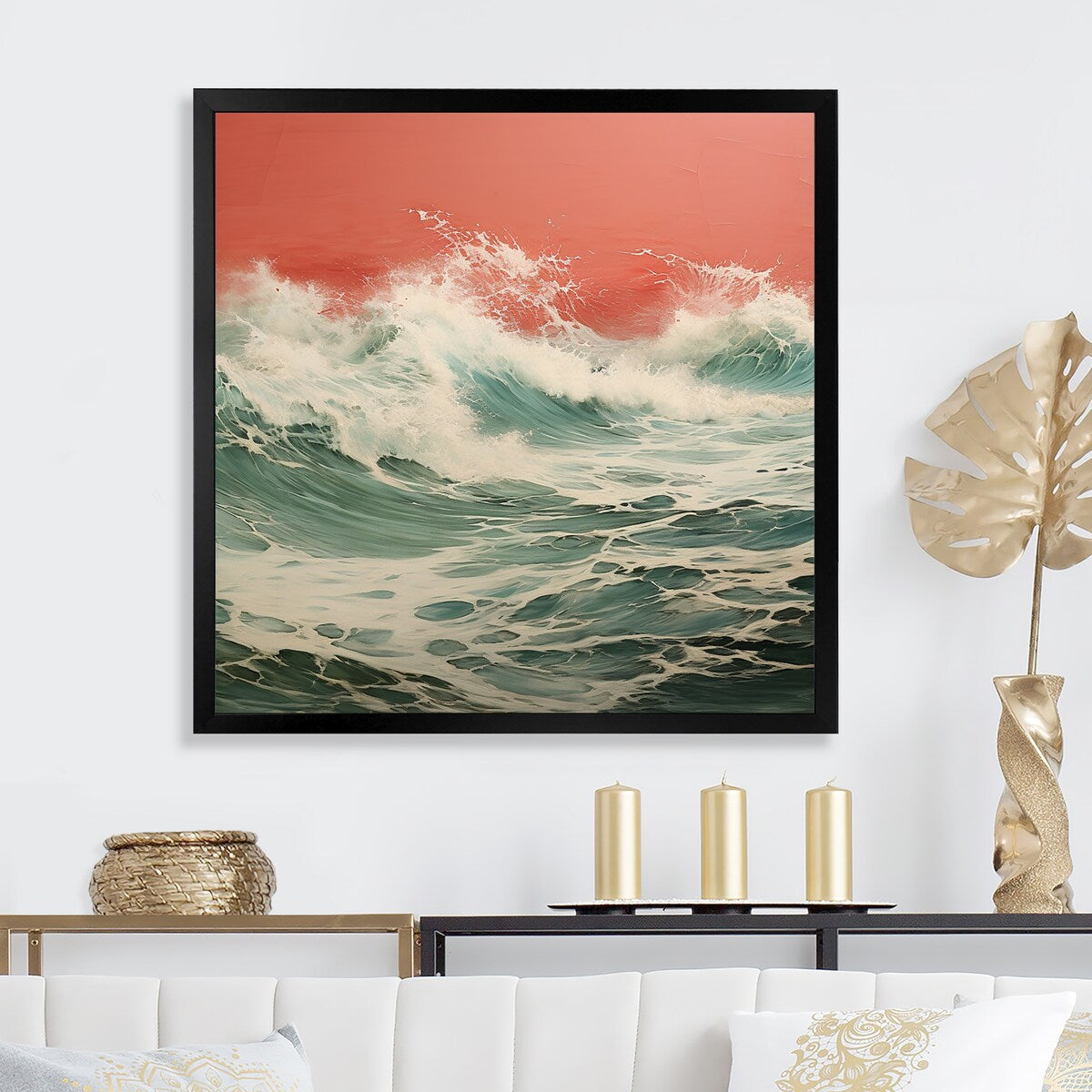 Designart "Pop Art Green Pink Crashing Waves" Pop Art Wall Decor Green Glam Entryway Framed Wall Art