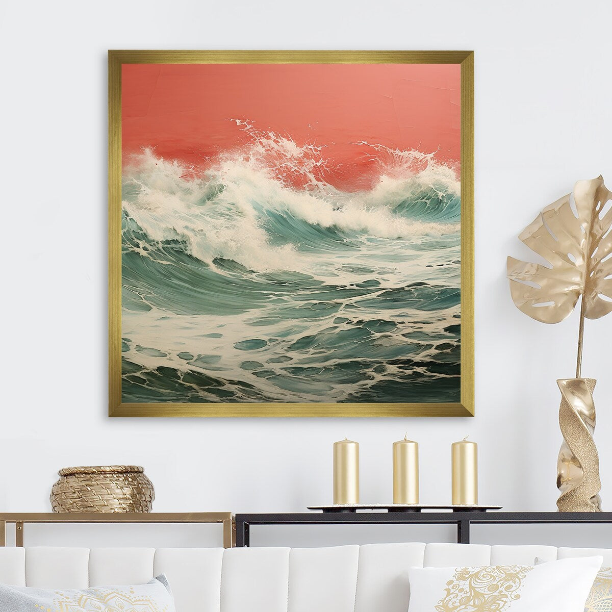 Designart "Pop Art Green Pink Crashing Waves" Pop Art Wall Decor Green Glam Entryway Framed Wall Art