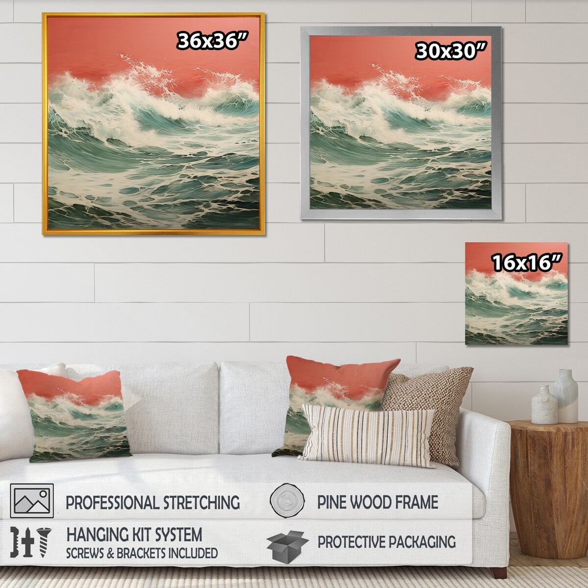 Designart "Pop Art Green Pink Crashing Waves" Pop Art Wall Decor Green Glam Entryway Framed Wall Art