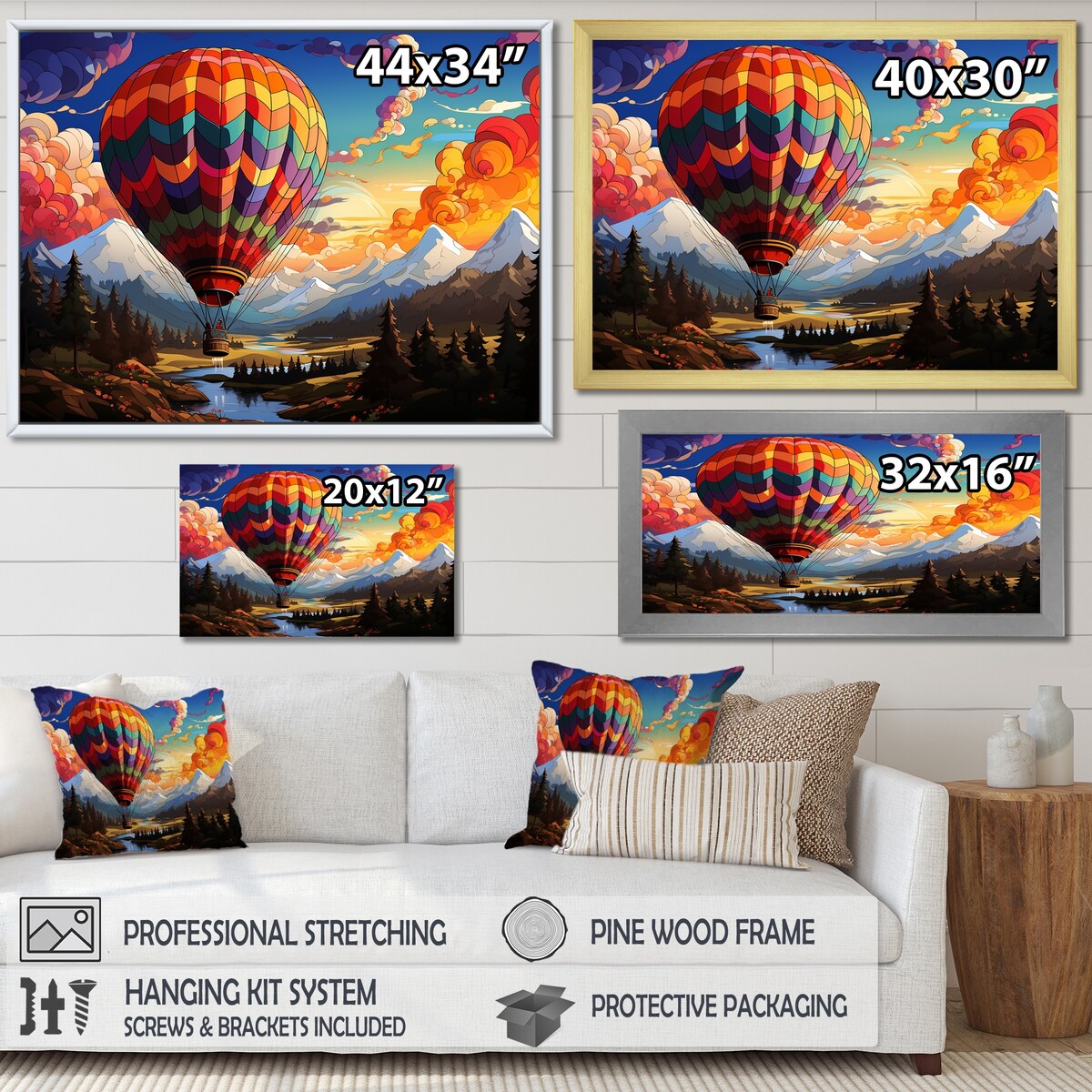 Designart "Pop Art Hot Air Balloons Aerial Views" Hot Air Balloon Framed Canvas Prints