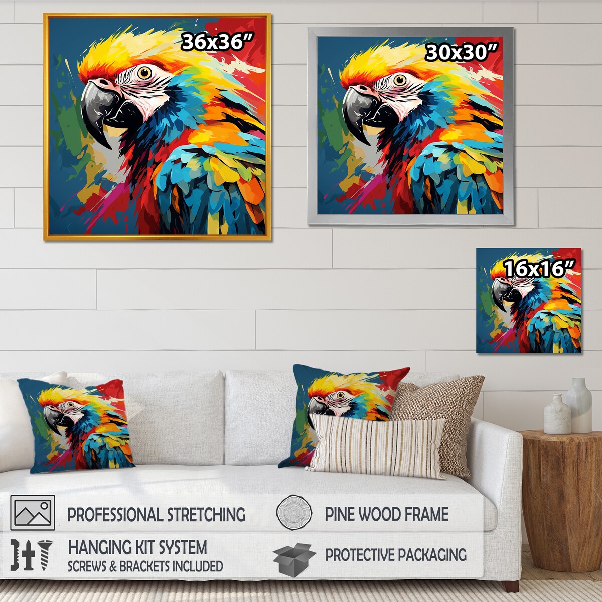 Designart "Pop Art Parrot Macaw Portrait" Parrot Blue Wall Decor - Modern Entryway Framed Wall Art Print