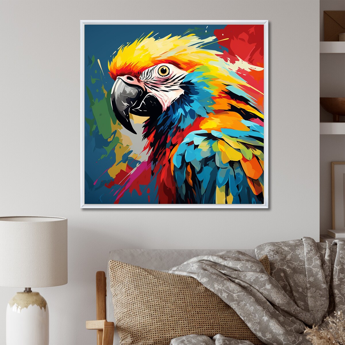 Designart "Pop Art Parrot Macaw Portrait" Parrot Blue Wall Decor - Modern Entryway Framed Wall Art Print