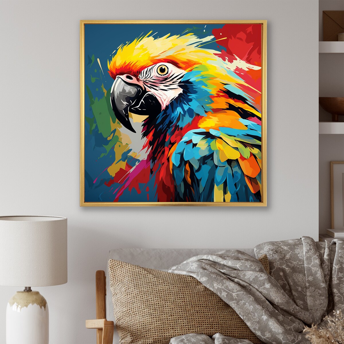 Designart "Pop Art Parrot Macaw Portrait" Parrot Blue Wall Decor - Modern Entryway Framed Wall Art Print