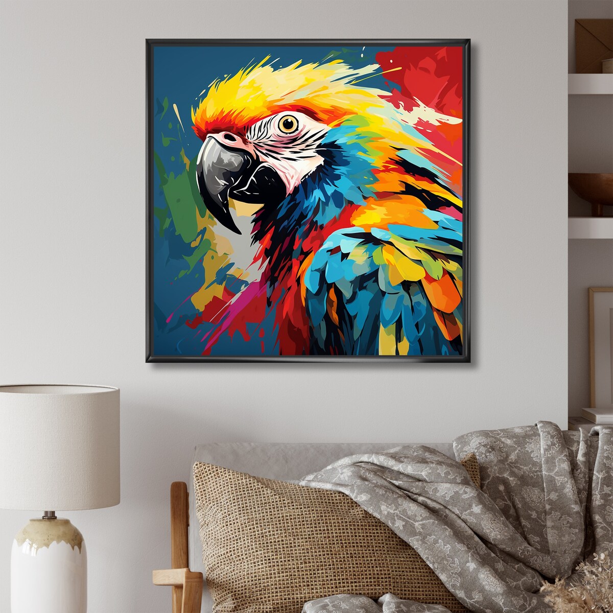 Designart "Pop Art Parrot Macaw Portrait" Parrot Blue Wall Decor - Modern Entryway Framed Wall Art Print