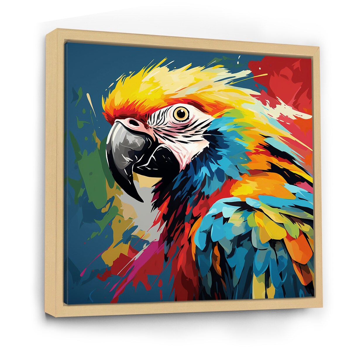 Designart "Pop Art Parrot Macaw Portrait" Parrot Blue Wall Decor - Modern Entryway Framed Wall Art Print