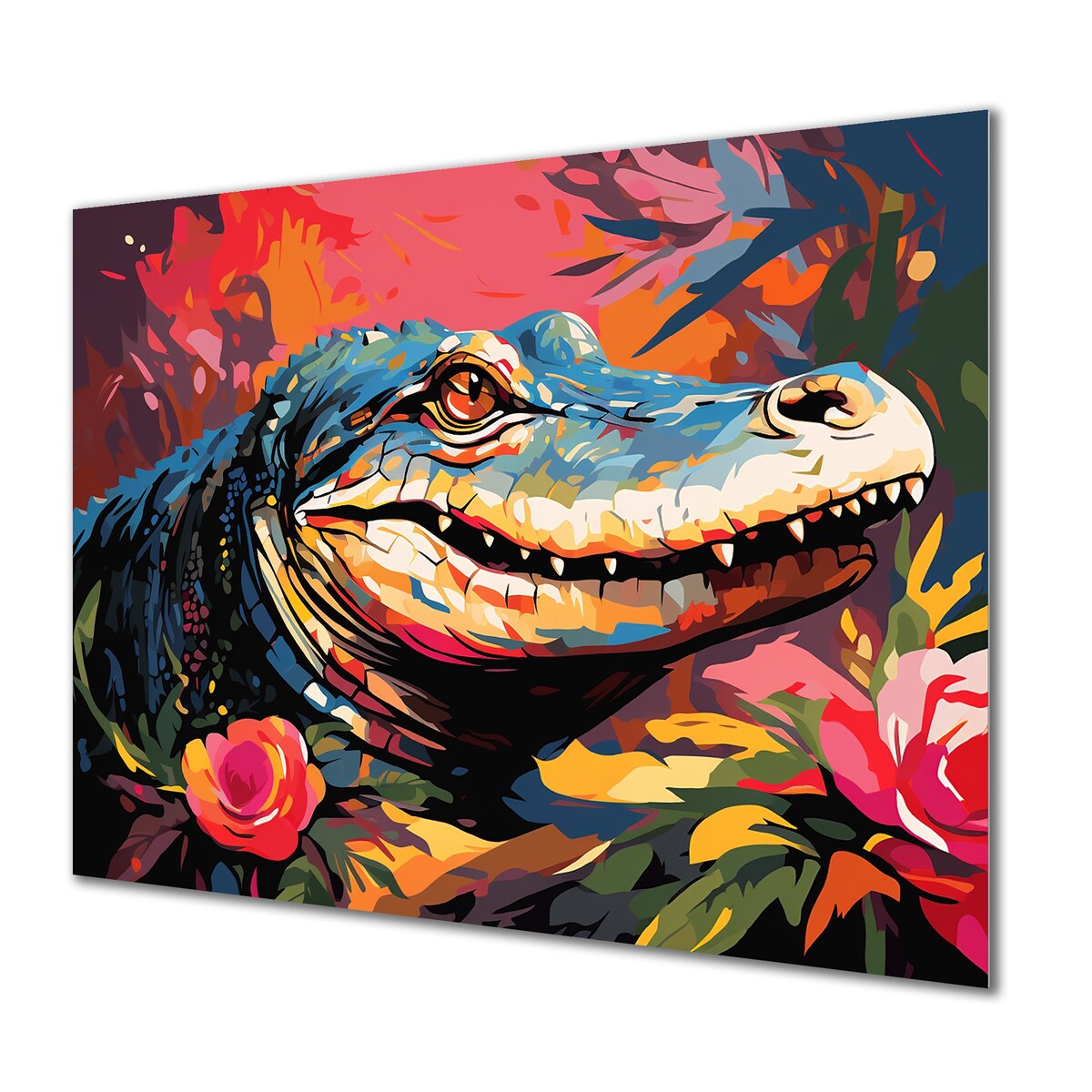 Designart "Popart Alligator Blooms II" Crocodile Animal Metal Wall Art - Blue Metal Wall Décor Modern Metal Art Work