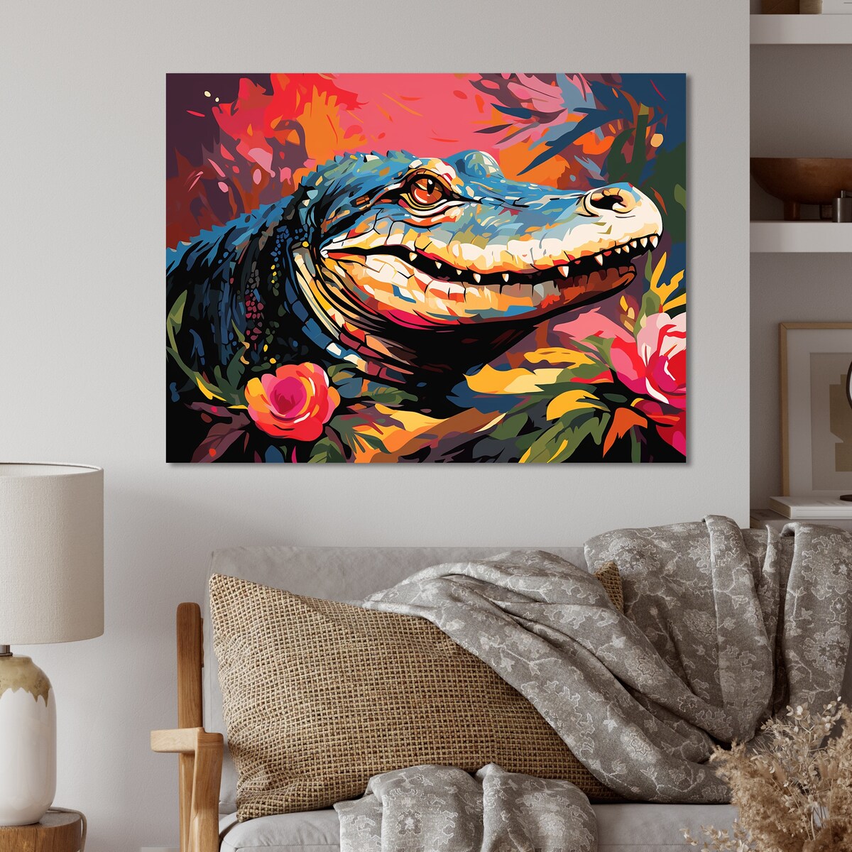 Designart "Popart Alligator Blooms II" Crocodile Animal Metal Wall Art - Blue Metal Wall Décor Modern Metal Art Work