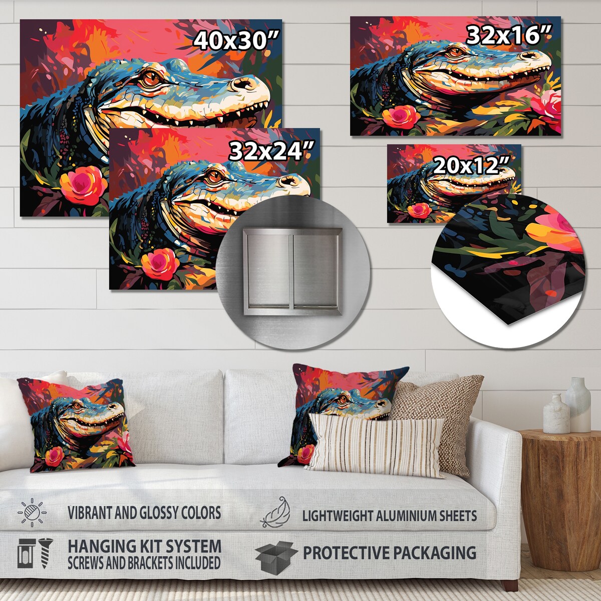 Designart "Popart Alligator Blooms II" Crocodile Animal Metal Wall Art - Blue Metal Wall Décor Modern Metal Art Work
