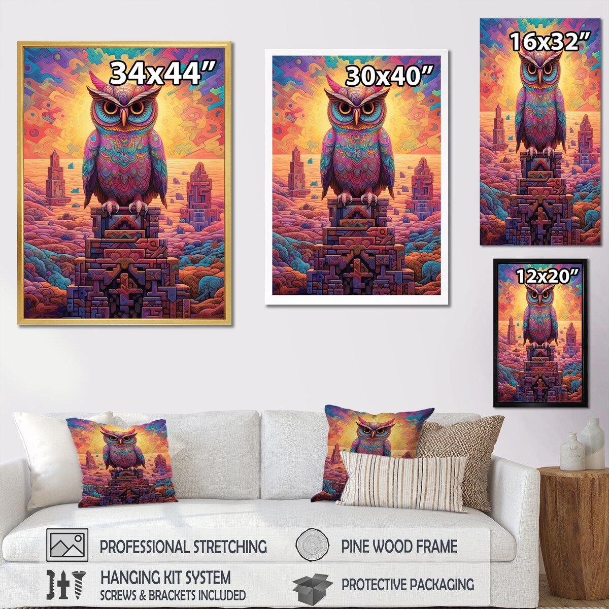 Designart "Portrait Of Purple Shamanic Owl Mexican Dessert I" Animals Owl Framed Wall Art Living Room